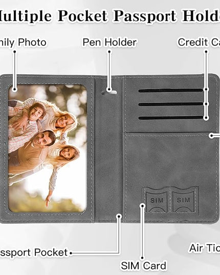 Passport Holder for Travel, RFID Blocking Passport Cover with Pen Holder Leather Passport Wallet Case Travel Must Haves Accessories Passport Book Card Holder for Family Travel Essentials Gifts, Gray