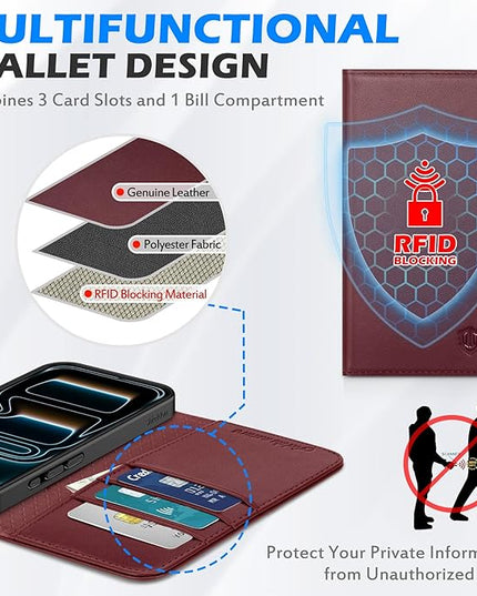 SHIELDON Genuine Leather Case Wallet for iPhone 17 Pro 5G 6.3" | RFID Blocking Credit Card Holder | Magnetic Closure | Folio Cover | Kickstand | TPU Soft Phone Shell 2025 | Wine Red
