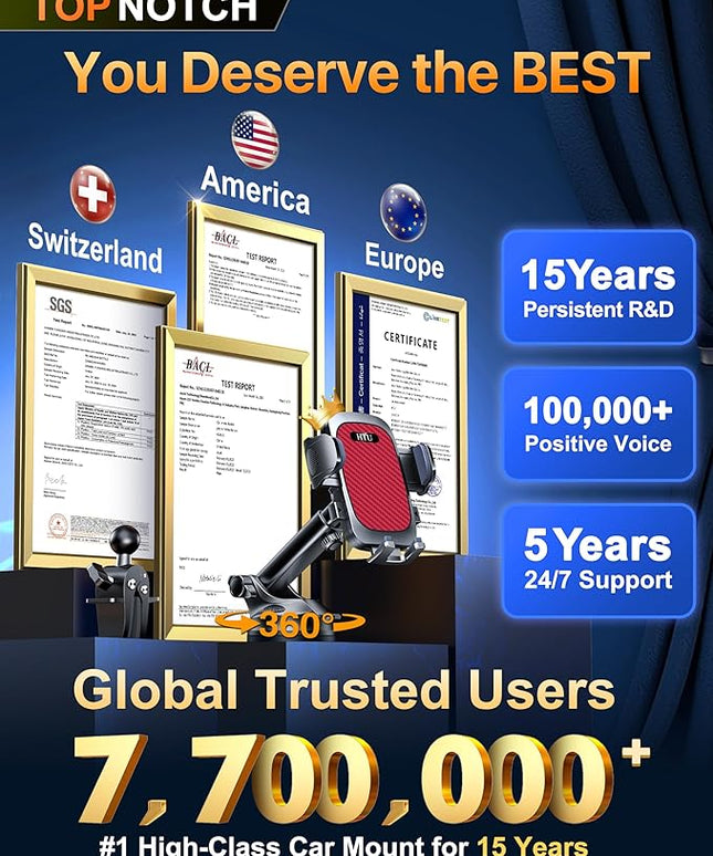 HTU 2026 Ultimate Best【True Military-Grade & Safety Cert】Car Phone Holder【Upgraded 360 Rotation & 100+LBS Strongest Suction】5-in-1 Truck Windshield Dashboard Vent Mount Stand for iPhone Android, Red