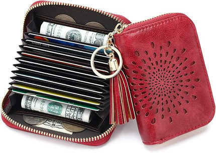APHISON RFID Credit Card Holder Zipper Card Case Keychain Small Wallet for Women 1927 RED