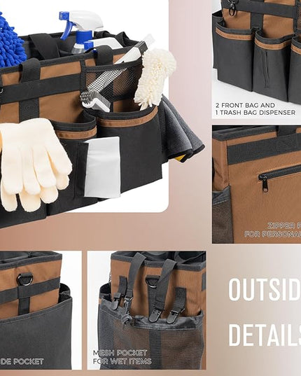 Wearable Cleaning Caddy, Cleaning Caddy Supplies Organizer with Handle & Shoulder Straps for Housekeepers, Under Sink & Car Cleaning Tool Organizers Bag with 4 Foldable Divider (Brown)