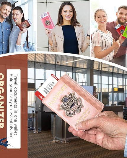 Passport Holder Cover Travel Wallet RFID Blocking Passport Wallets Family Organization Personalized Wallet Case for Men and Women Travel Must Haves(Rose gold)