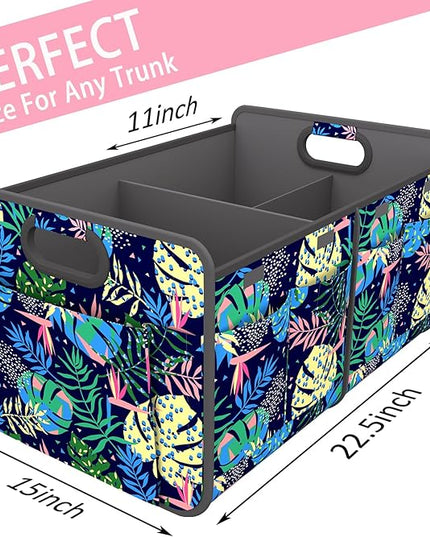 Homeve Trunk Organizer, Car Storage, Reinforced Handles, Collapsible Multi-Compartment, Foldable, Waterproof, Sturdy, 600D Oxford Polyester For Car, SUV, Mini-Van, Color Leaves, 2 Compart