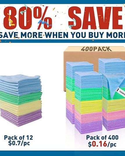 Microfiber Towels Bulk-400 Pack, Cleaning Cloths, Microfiber Towels for Cars, Cleaning Rags 5 Colors Assorted (12x12 inches)