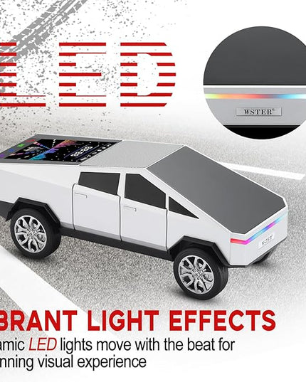 Futuristic Shapes Truck Bluetooth Speaker with LED Display Screen – TWS Stereo, FM Radio, USB/TF Playback, LED Headlights, Built-in Mic, Gift for Car Lovers, Model Collectors & Tech Fans (Silver)