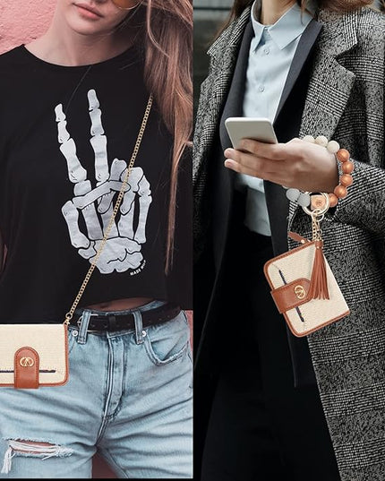 Multi-Purpose Wallet High Capacity Card Holder Zipper Coin Purse with Wristlet Bracelet Keychain Silicone Beaded Bangle Key Ring
