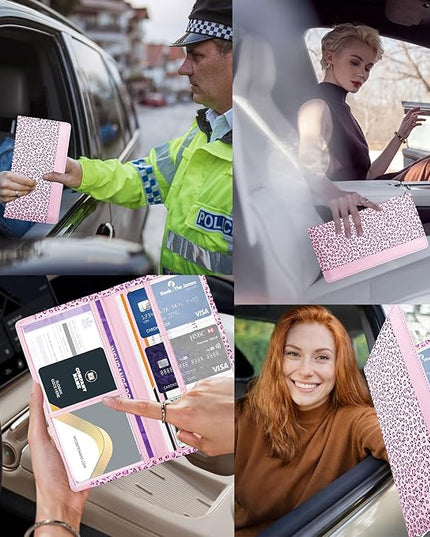 Car Registration and Insurance Holder with Magnetic Closure, Universal Document Organizer for License, Insurance Cards & Glove Box Storage (Leopard-Pink)