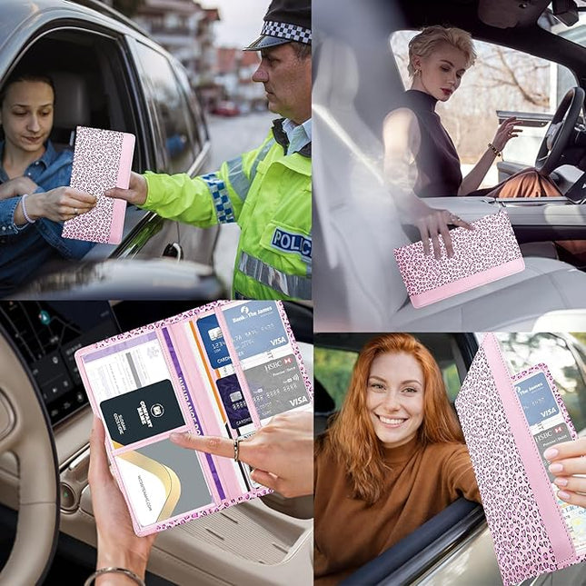 Car Registration and Insurance Holder with Magnetic Closure, Universal Document Organizer for License, Insurance Cards & Glove Box Storage (Leopard-Pink)