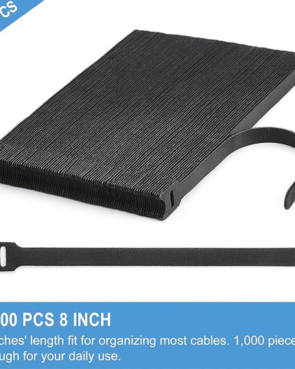 1,000 PCS 8 Inches Reusable Cable Ties | Adjustable Cord Wraps, Cable Straps | Hook & Loop Cord Organizer, Cable Management (100 PCS x 10 Packs)