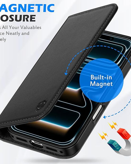 SHIELDON Wallet Case for iPhone 17 Pro 6.3" 2025 | Genuine Leather | Flip Magnetic Cover | RFID Blocking Credit Card Holder | Kickstand | Soft Shock-Absorbent Interior Shell | Black