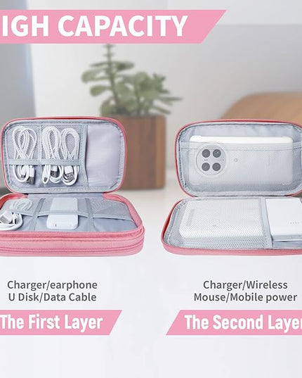 Electronics Organizer Travel Case,Electronic Accessories Storage Bag,Portable Waterproof Cable Organizer Bag,Travel Cord Organizer Bag for Small Charging Cord Storage,Cables,SD Card-Pink