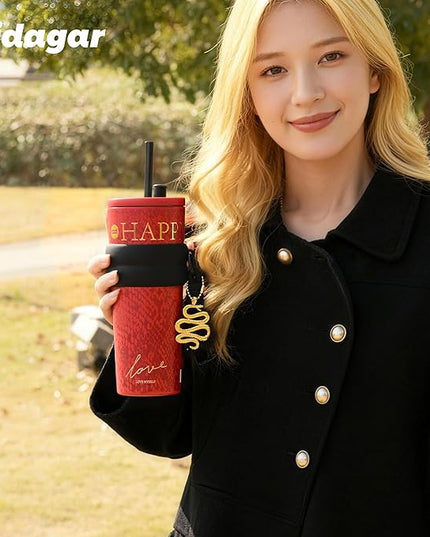 24 oz Tumbler with Lid and Straw, Insulated Coffee Mug Leak Proof, Portable Iced Travel Water Bottle, Reusable Thermal Coffee Cup, Gifts for Women, Red
