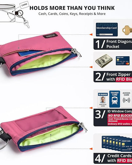 RFID Travel Wallet with Adjustable Lanyard-Zipper Small Wallet with ID Card Holder, Keychain for women&men-Minimalist Slim Waterproof Nylon case for ID, Cash, Key (Rose Pink)