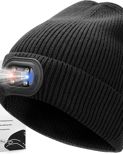 OKKLE Unisex LED Beanie with Light, USB Rechargeable Headlamp Hat, Winter Gifts for Men Women Husband Him Black