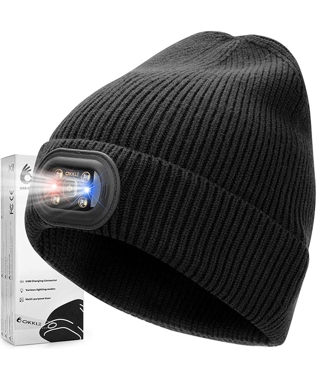 OKKLE Unisex LED Beanie with Light, USB Rechargeable Headlamp Hat, Winter Gifts for Men Women Husband Him Black