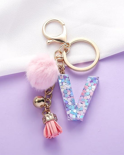 Resin Alphabet Initial Letter Keychain Keyring for Women Purse Handbags With Fur Ball Pom
