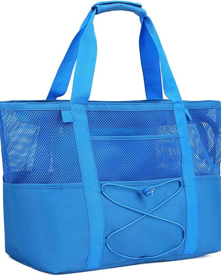 Mesh Beach Bag, Large Beach Tote with Zipper Pocket, Toys Pool Bag for Family Travel Vacation Cruise Essentials