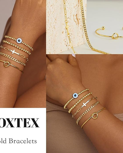 Gold Bracelets Set for Women Stack, Dainty Thick Bracelets Stack for Women Trendy, Simple Thin Gold Plated Cuff Stackable Bracelets With Beaded Cuban Paperclip Snake Rope Bangle Hand Chain Jewelry Gifts for Women Non Tainish