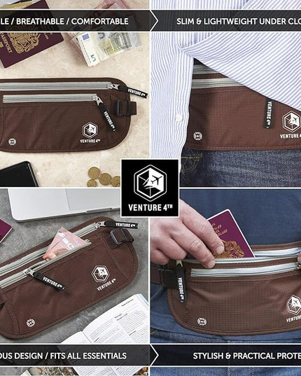 VENTURE 4TH Money Belt for Travel – Hidden Under-Clothes RFID Blocking Passport Holder & Slim Travel Wallet Pouch for Men & Women to Protect Cash, Cards & Documents (Brown)