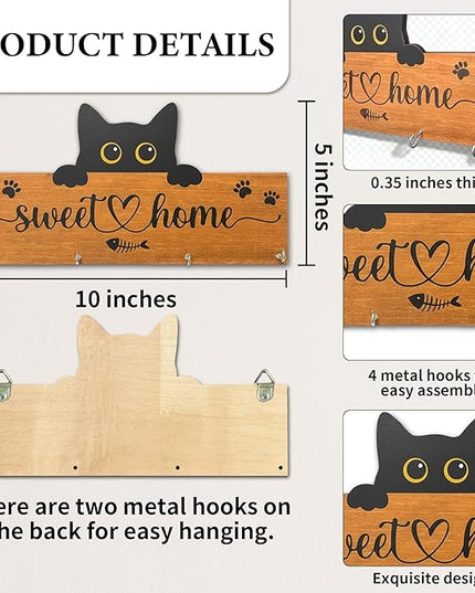 Yhtmbf Cat Sweet Home Wooden Key Holder for Wall - 5"x10" Key Organizer Hanger with 4 Hooks for Front Door Hallway Entryway Kitchen - Home Office Decor & Housewarming Gifts Supplies - A07