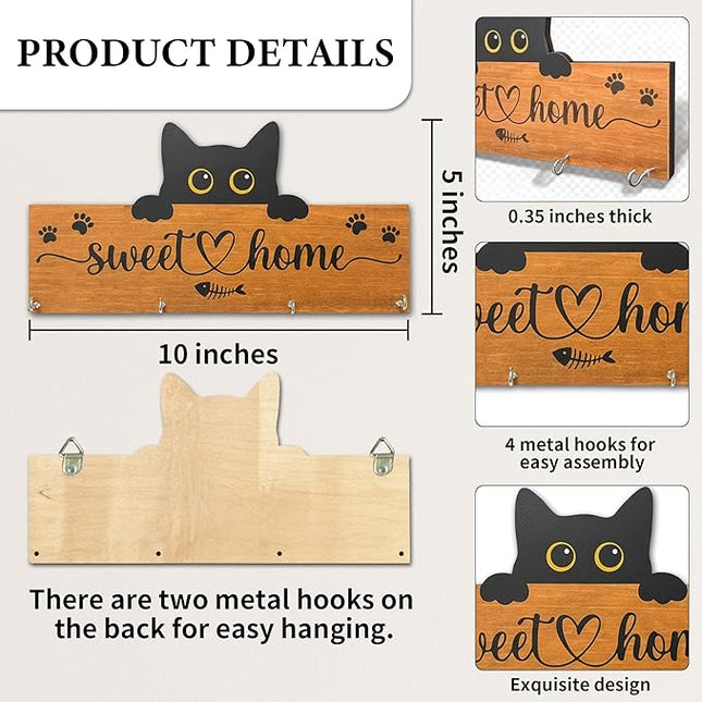Yhtmbf Cat Sweet Home Wooden Key Holder for Wall - 5"x10" Key Organizer Hanger with 4 Hooks for Front Door Hallway Entryway Kitchen - Home Office Decor & Housewarming Gifts Supplies - A07
