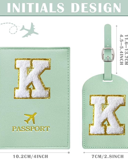 COSHAYSOO Green Initial Passport Cover Holder and Luggage Tag Set TSA Approved with Chenille Letter Patch for Women Teenage Girls, Traveling Necessities Supply Unique Bag Suitcase Identifier (K)