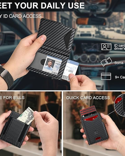 Wallet for Men Wallet with Slim Pop Up Card Holder 9-13 Cards, Bifold Minimalist Smart Wallet RFID Blocking Credit Card Holder with ID Window & Stretchable Cash Slot Compact Metal Aluminum Card Case