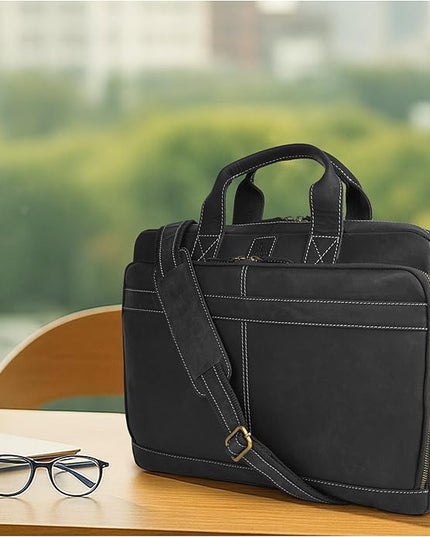 Vintage Leather Messenger Bag for Men, 16” Laptop Satchel with Adjustable Shoulder Strap, Briefcase Office Work & Travel Bag