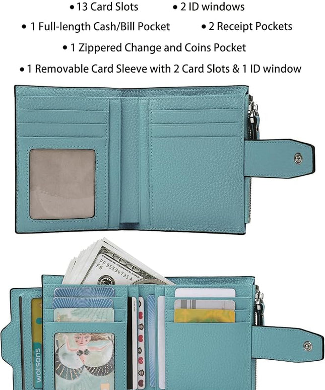 AINIMOER Women's RFID Blocking Leather Small Compact Bi-fold Zipper Pocket Wallet Card Case Purse with id Window