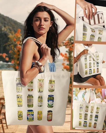 Large Tote Bag for Women - Aesthetic Cute Big Canvas Bags with Zipper Cotton Shoulder Bag for Gym, Travel, Work