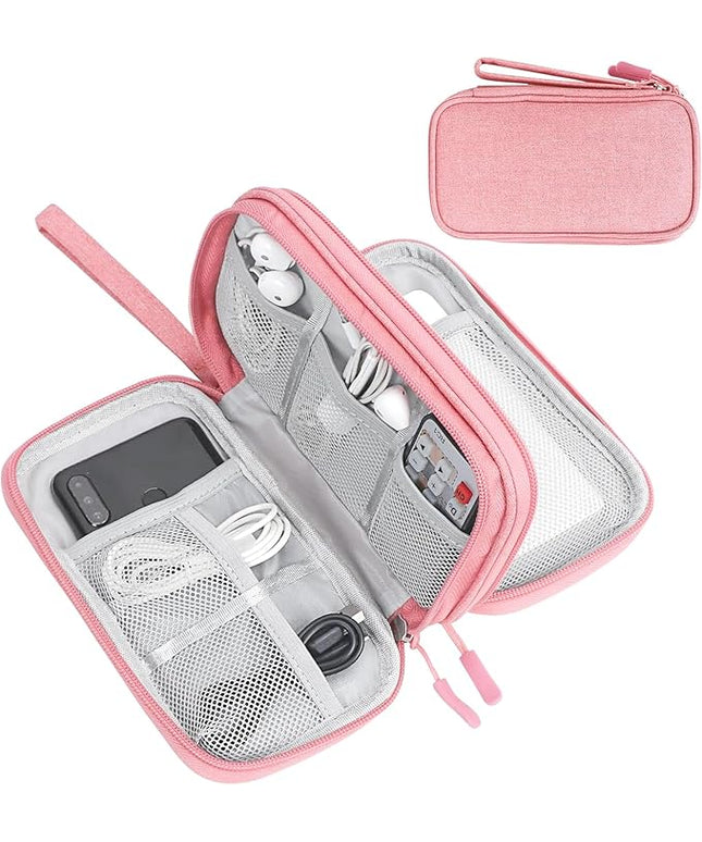 FYY Electronic Organizer, Electronic Accessories Carry Case Portable Waterproof Pouch Double Layers Storage Bag for Travel Cable, Cord, Charger, Phone, Earphone, Medium Size, Pink