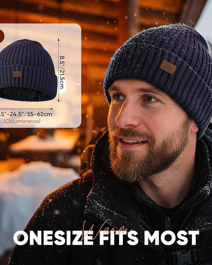 Merino Wool Beanie Hat for Men Women - Thermal Knitted Winter Hat for Large Heads Hiking Running Cap Wrap for Cold Weather