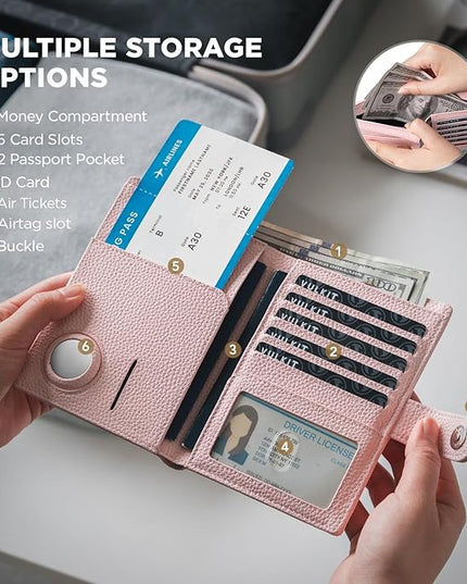 VULKIT Dual Leather Passport Wallet with Airtag Holder Slim Double Passport Holder RFID Blocking Passport Travel Wallet for Women or Men