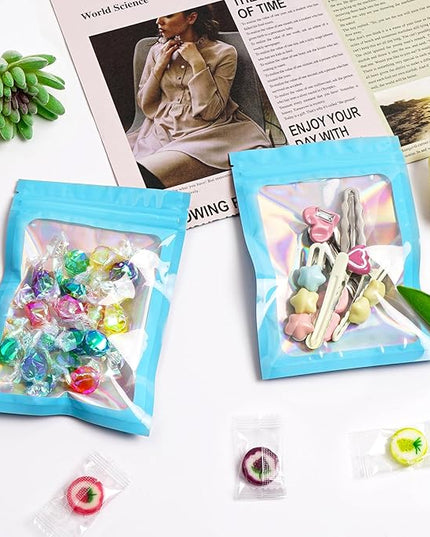 Funfery 300 Pack Smell Proof Resealable Bags for Food Storage,Holographic Bags 4x6 Blue Mylar Clear Packaging Bag- Scent Proof for Cookies, Zip Foil Pouch for Small Business