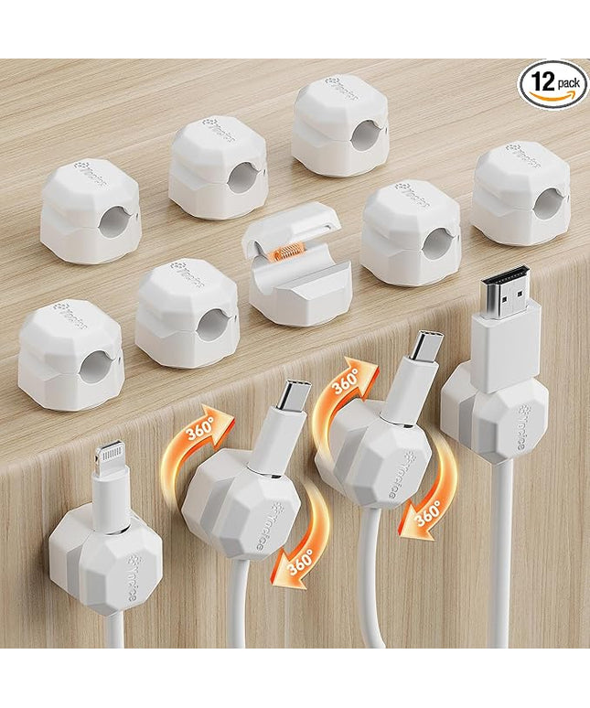 12 Pack Rotatable Cable Clips,Spring Cord Organizer Desk Cable Management Cord Holder Adhesive Phone Charger Cord Clips for Home Office Car Wall Nightstand Accessories White