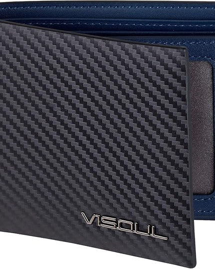VISOUL Leather Mens Bifold RFID Blocking Wallet with 2 ID Windows, Leather Wallet for Men (Carbon Fiber, Black+Blue)
