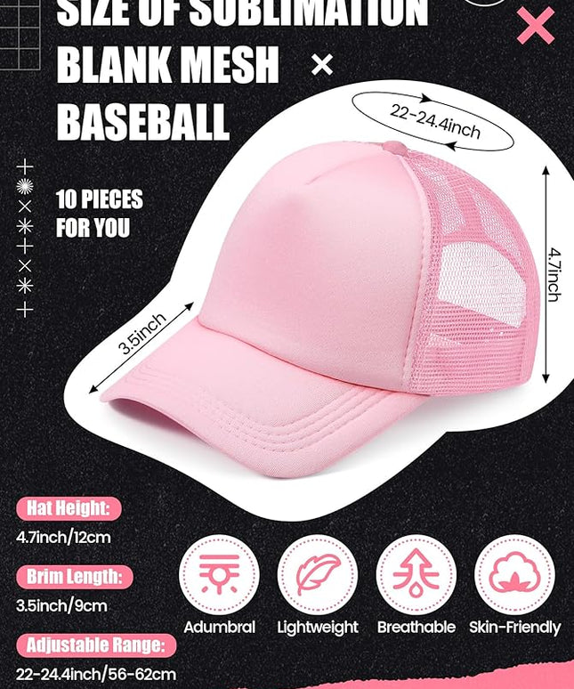 10 Pcs Sublimation Blank Trucker Hats Bulk Mesh Baseball Cap Polyester Mesh Trucker Hat for Men and Women