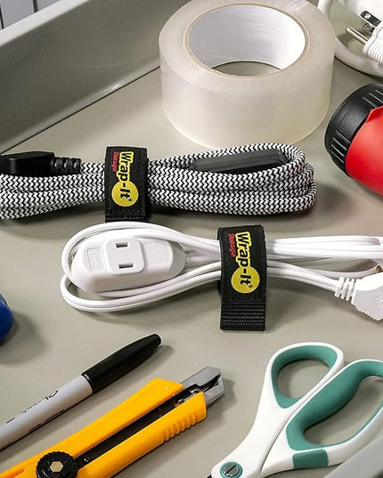 Quick-Straps by Wrap-It Storage - Assorted 12-Pack (Black) - Hook and Loop Hose and Cable Organizers