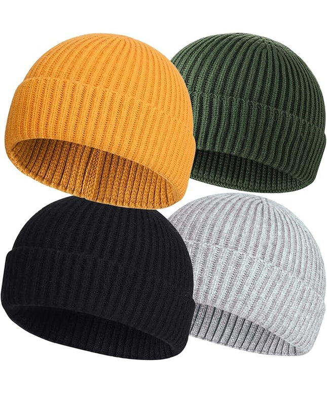 ROYBENS 4 Pack Wool Fisherman Beanies for Men, Knit Short Watch Cap Winter Warm Hats