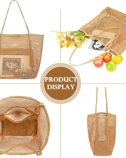 Mesh Beach Bag, Large Beach Tote with Zipper Pocket, Toys Pool Bag for Family Travel Vacation Cruise Essentials