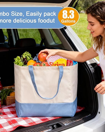 Reusable Grocery Bags Heavy Duty, 8.3 gal Foldable Large Canvas Tote Bag with Handles, Holds 60 lbs Canvas Shopping Bags, 1 Pack（Off White+Light Blue）