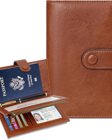BKNOOU Rfid Blocking Passport Holder for Women and Men, Compact Travel Passport Wallet Leather Travel Wallet Trifold Clutch Wallet, Passport Cover Holds Cards, Tickets, Cash and Pen