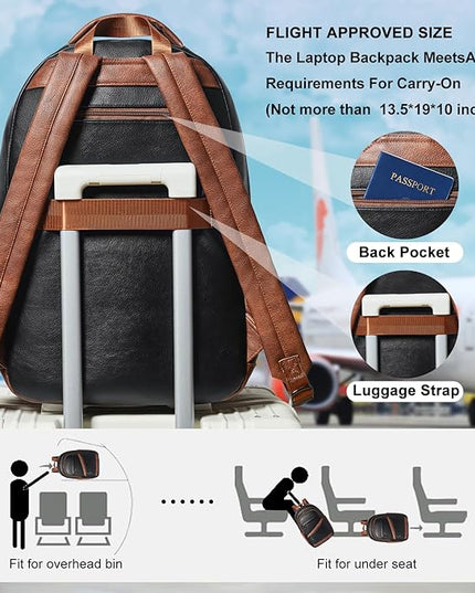 43L Backpack for Women Men - Vegan Leather Backpack Purse Travel Carry-on Bag College Bookbag Work fits 17" Laptop,Black&Brown