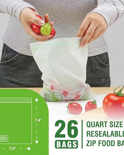 Responsible Products Certified Compostable QUART Resealable Zip Bag, Extra Strength Food Bags, Plant-Based Freezer-Safe (26 Pack)