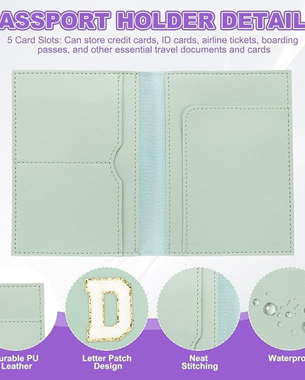 PATIKIL Passport Holder for Travel, Initial Passport Cover and Luggage Tag Set with Alphabet Chenille Letter Patch Travel Wallet Bag Suitcase Identifier for Women Family Travel Green D