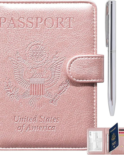 RSAquar Passport and Vaccine Card Holder Combo, Passport Holder Cover Wallet, Leather Card Case Travel Accessories with RFID Blocking for Women and Men, Rose Gold