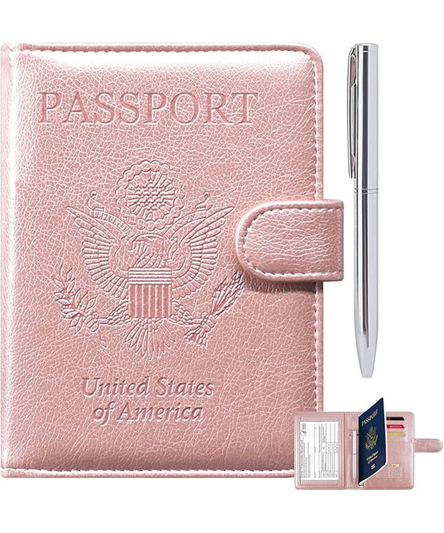 RSAquar Passport and Vaccine Card Holder Combo, Passport Holder Cover Wallet, Leather Card Case Travel Accessories with RFID Blocking for Women and Men, Rose Gold