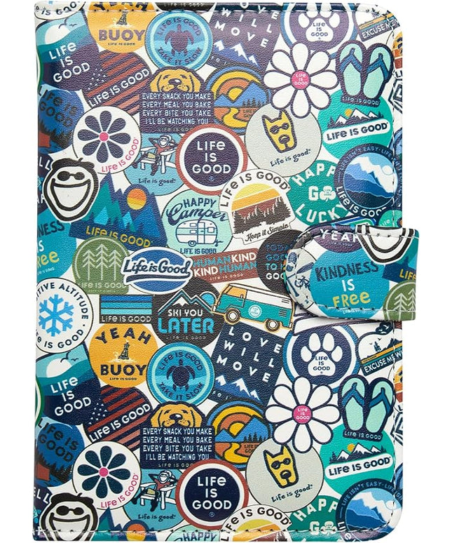 Life is Good Travel Passport Cover - Anti-Theft Passport Holder Wallet with Interior Card Slots, Magnetic Snap Closure, Newsprint