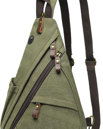 Vintage Canvas Sling Bag with Genuine Leather Zipper, 3 in 1 Crossbody, Backpack, and Chest Bag, for Travel, Hiking, 16x10x6 Inches, Green