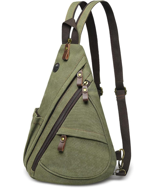 Vintage Canvas Sling Bag with Genuine Leather Zipper, 3 in 1 Crossbody, Backpack, and Chest Bag, for Travel, Hiking, 16x10x6 Inches, Green